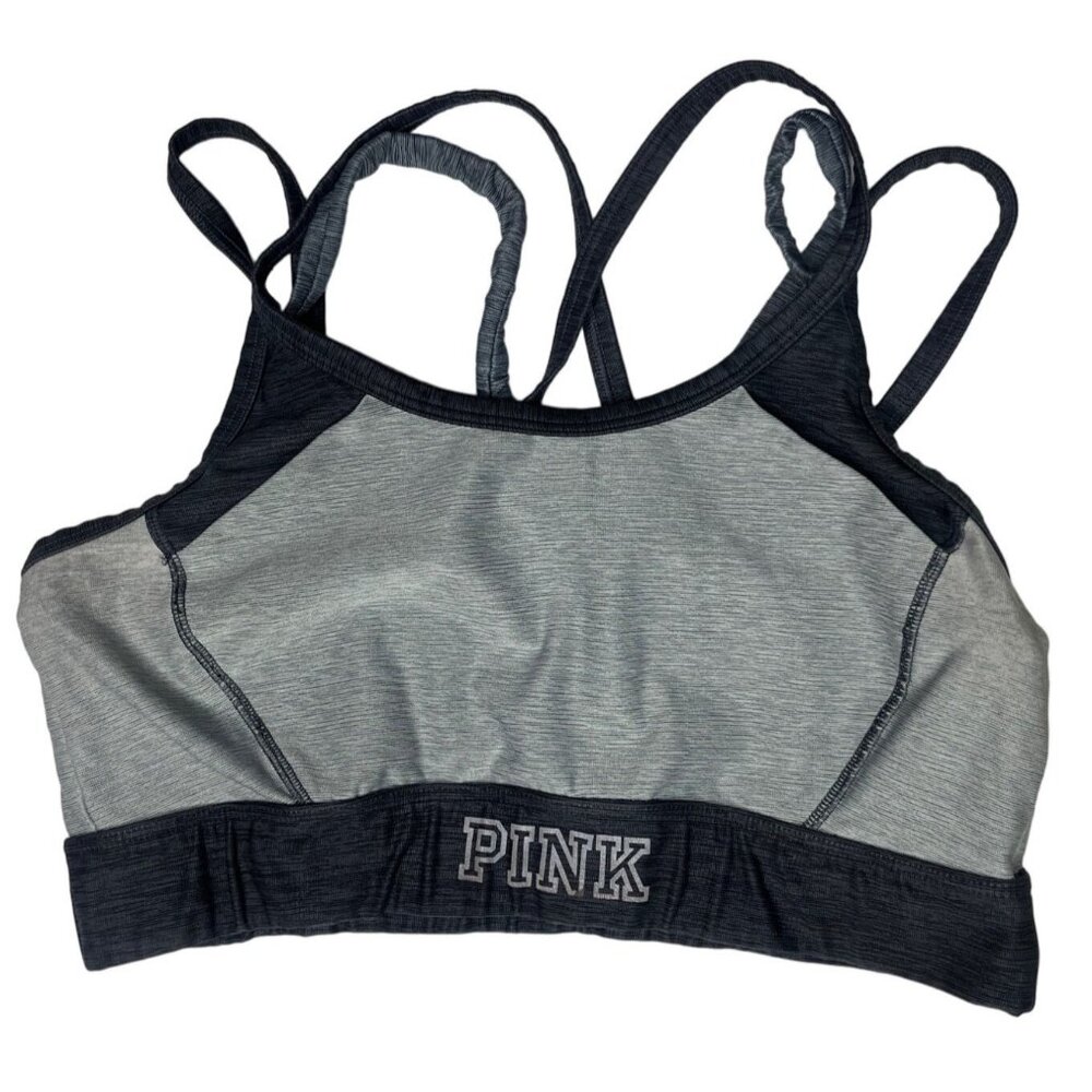 Victorias Secret PINK Strappy Sports Bra Size M Gray & Black Polyester/Elastane